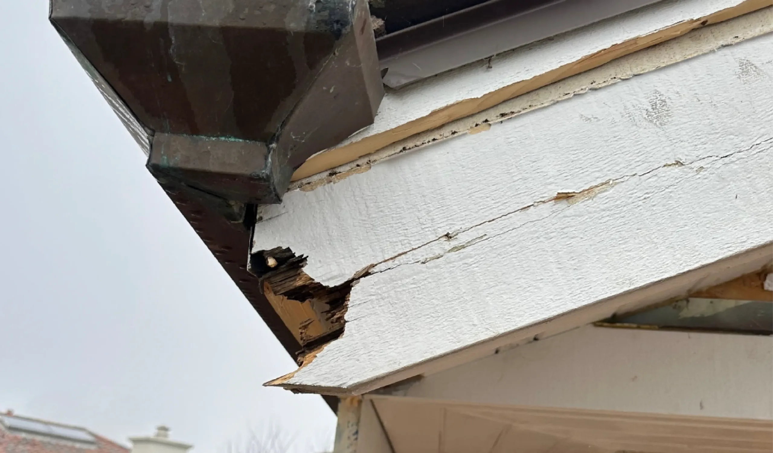 A close-up of a damaged roof fascia board with a large crack and visible rotting wood beneath the eaves, next to a metal downspout—highlighting the need for voluntary strengthening & foundation retrofits to prevent further structural issues.
